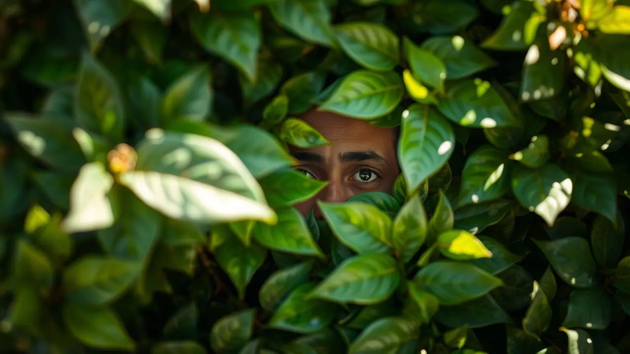 Sonhar com Camuflagem: Desvende os Significados Ocultos Pessoa escondida atrás de folhagens em camuflagem