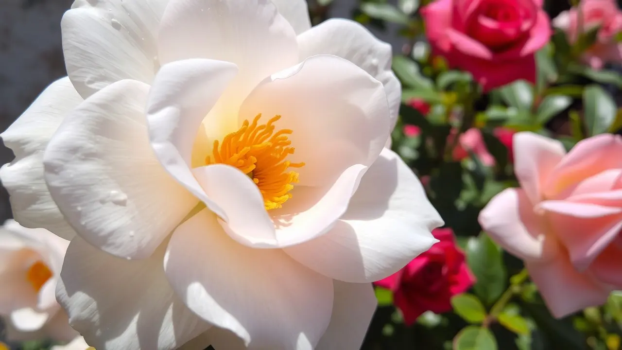 Sonhar com Camélia: Descubra o Significado e as Mensagens Ocultas Camélia branca radiante em um jardim ensolarado