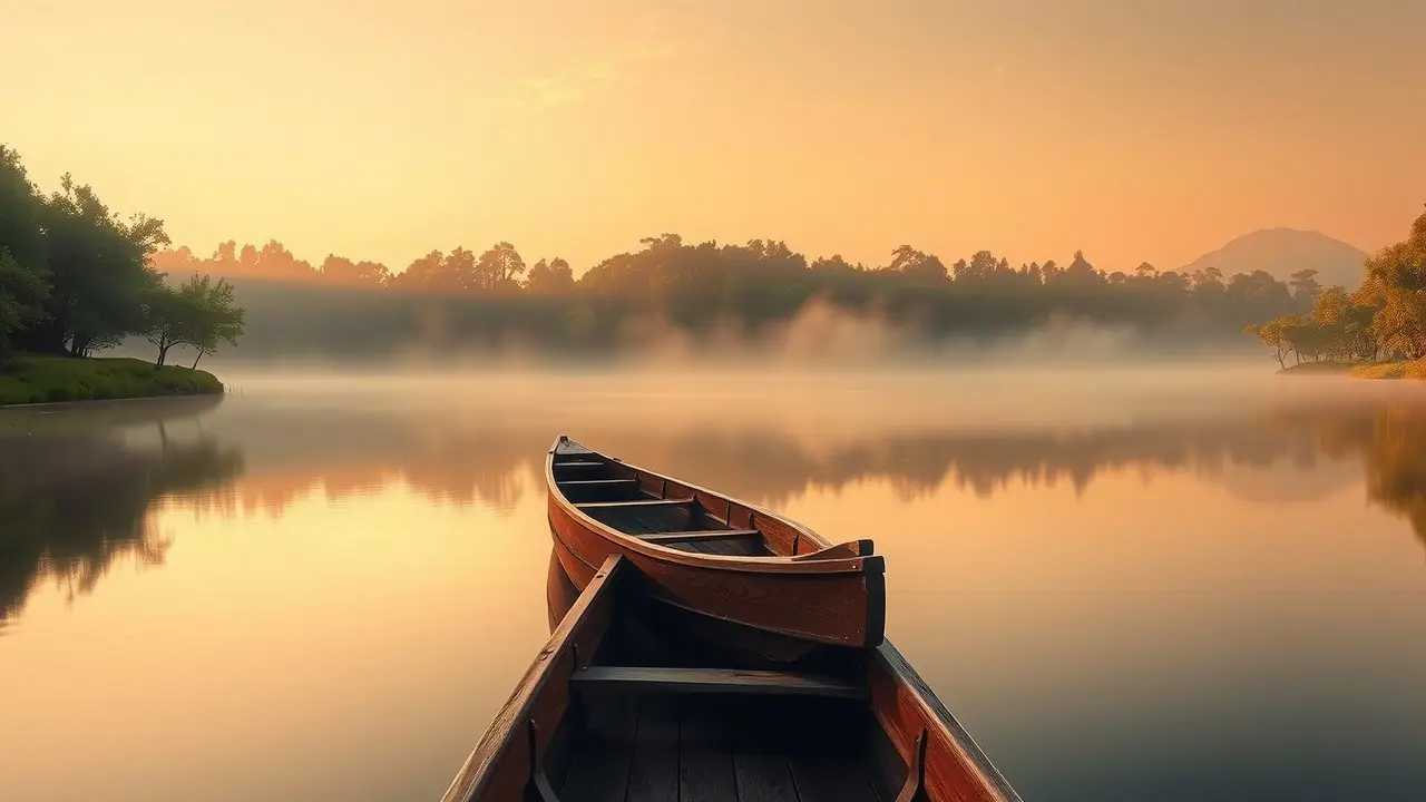 Canoa em lago calmo ao nascer do sol