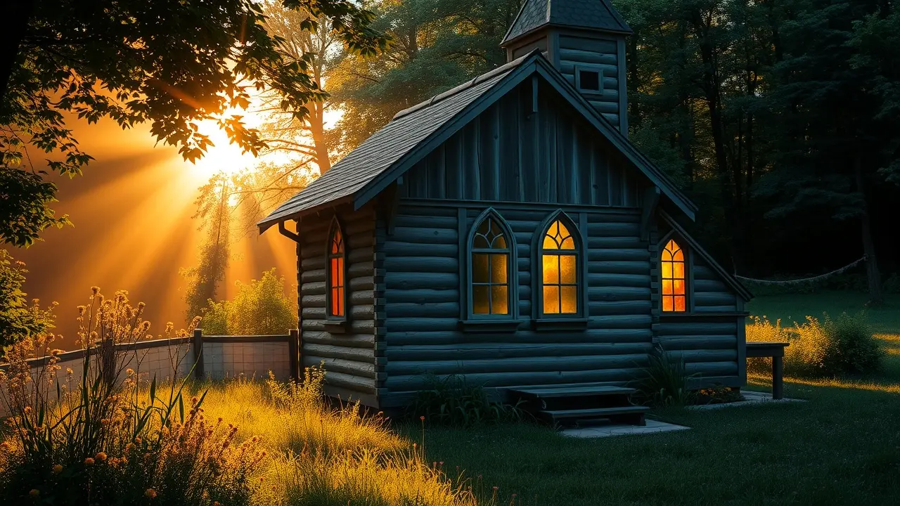 Capela iluminada em um campo verde