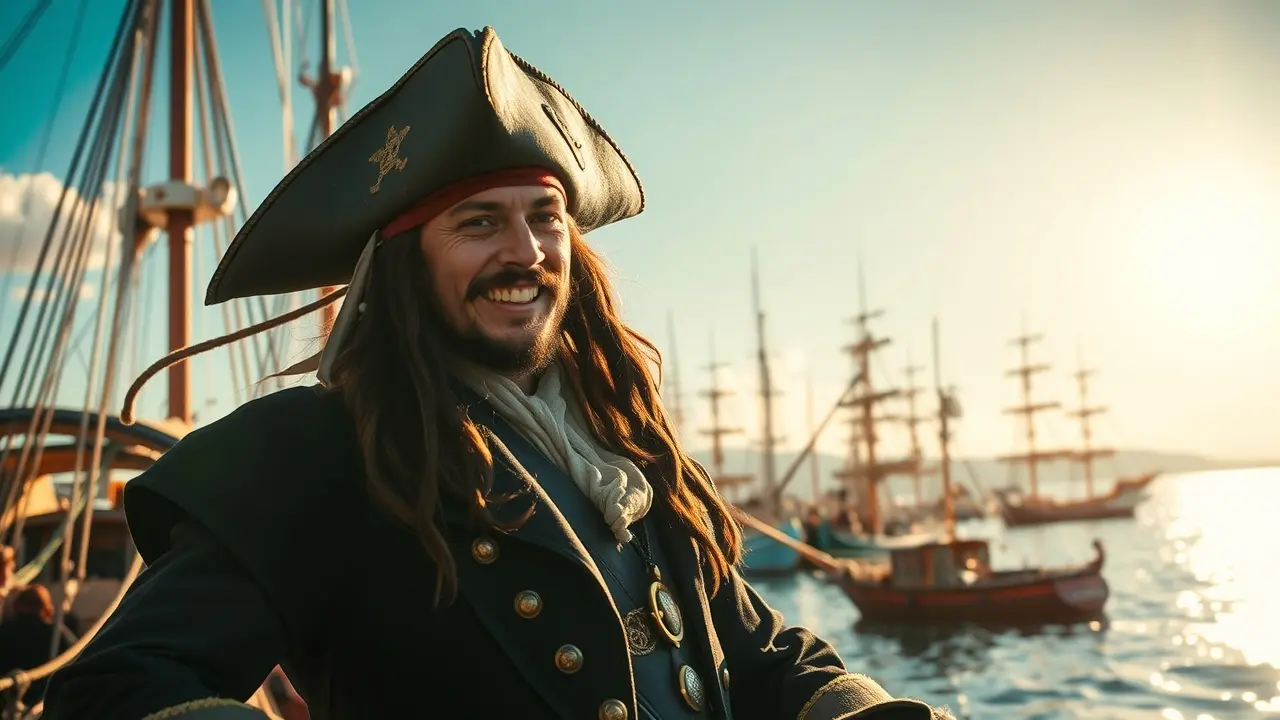 Homem fantasiado de Jack Sparrow sorrindo