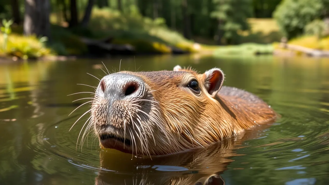 Capivara nadando em rio calmo