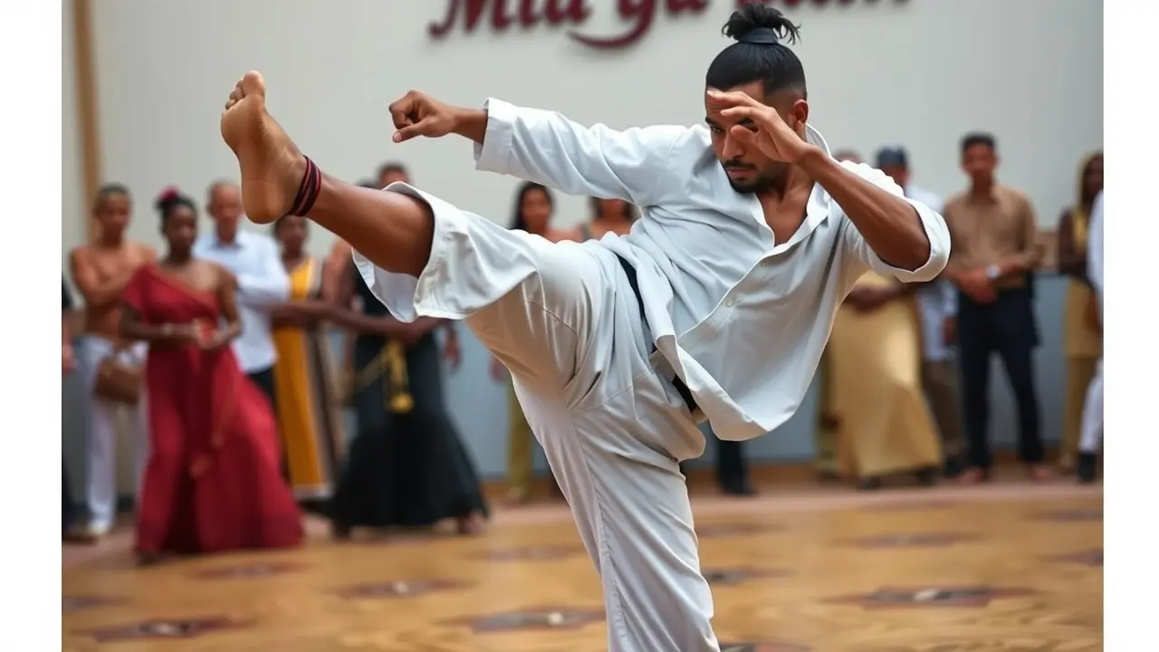 Homem praticando capoeira durante roda