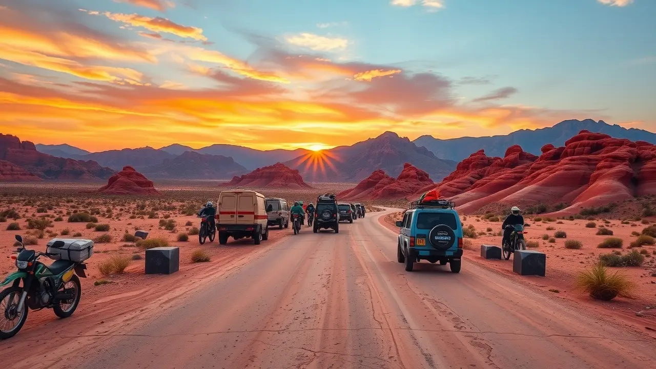 Caravana atravessando deserto ao pôr do sol