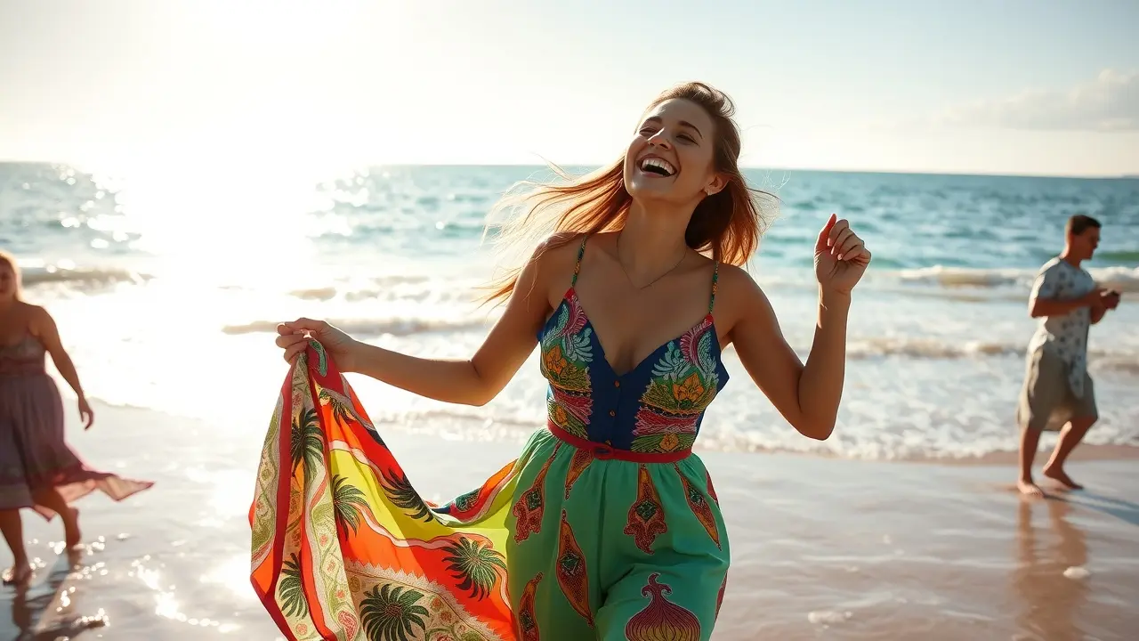 Mulher dançando alegremente na praia