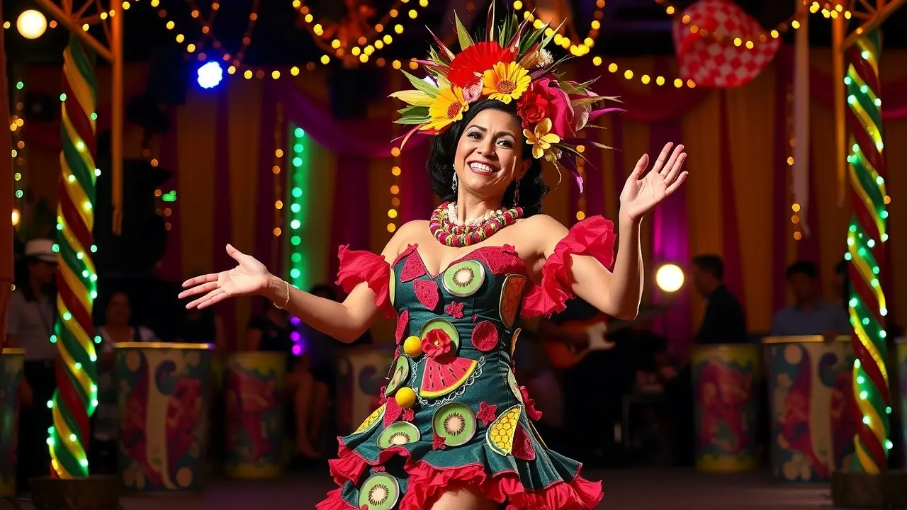 Mulher vestida de Carmen Miranda dançando