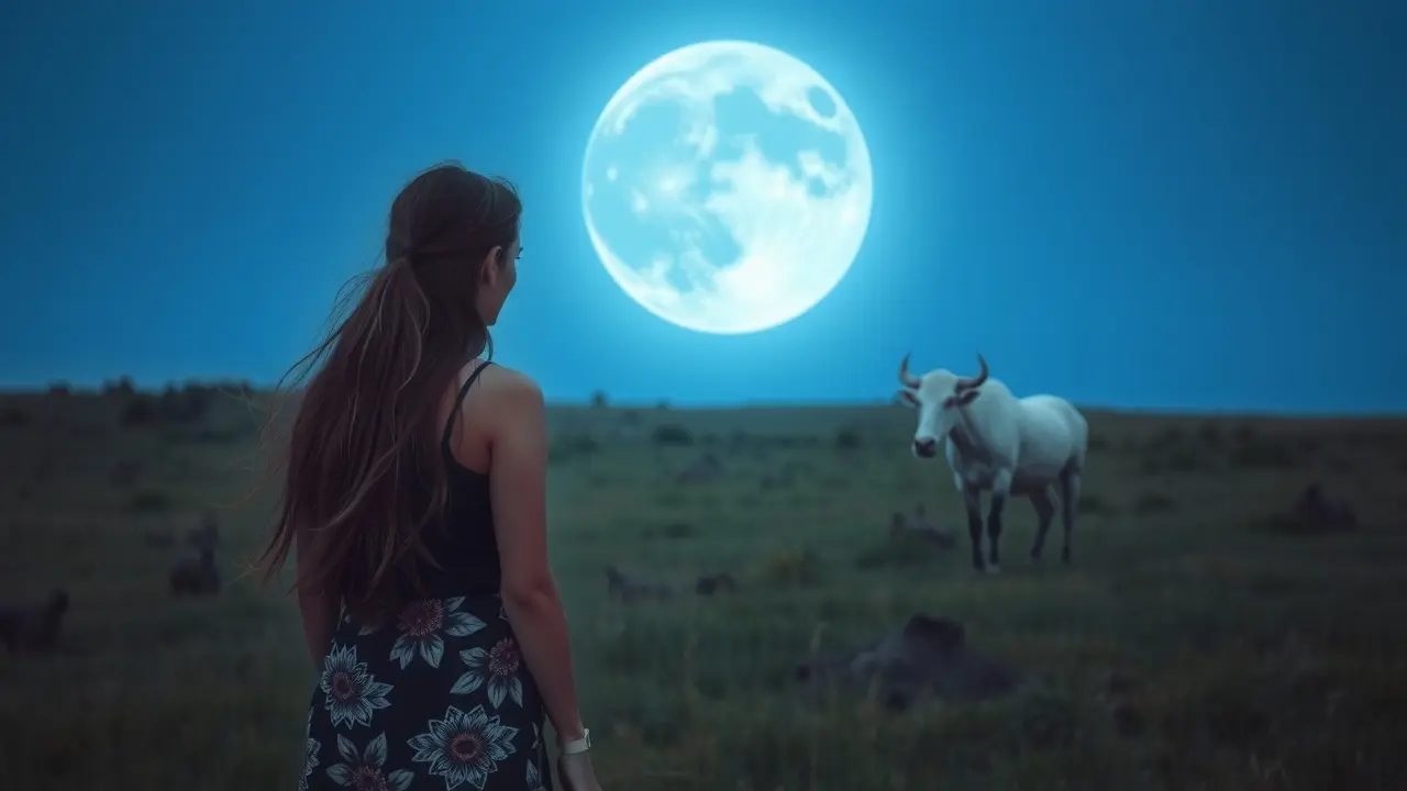 Homem contemplando carneiro branco em campo verde