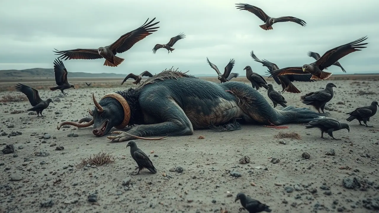 Carniça em decomposição com abutres