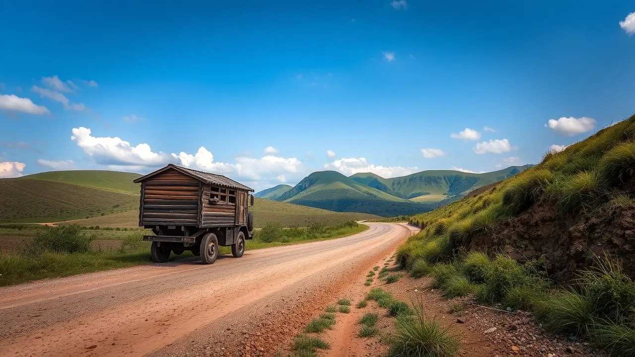 Carroça sem cavalo em estrada de terra