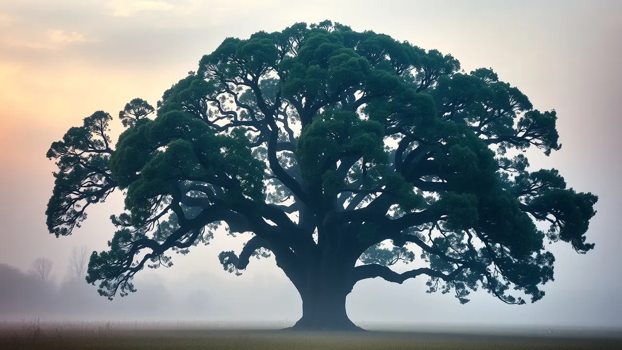 Carvalho-negro em campo aberto ao amanhecer