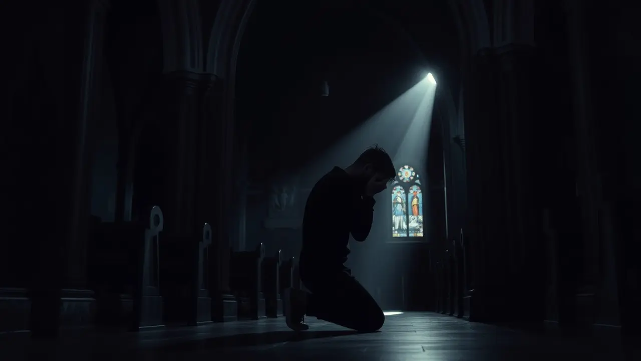 Sonhar com Castigo: Descubra o Significado Oculto! Pessoa ajoelhada em igreja buscando perdão por castigo em sonho