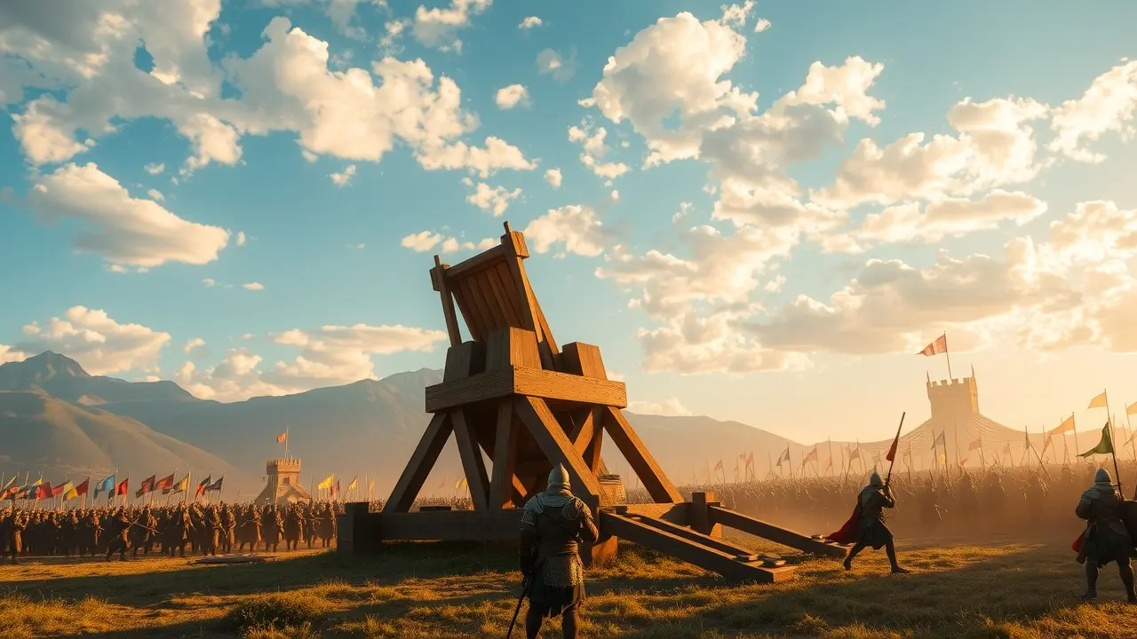 Catapulta Medieval em Campo de Batalha