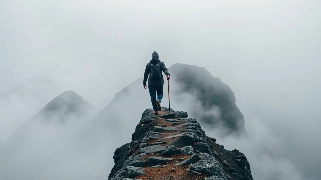 Sonhar com Cautela: Descubra o Significado e o que Fazer Pessoa caminhando cautelosamente em montanha enevoada