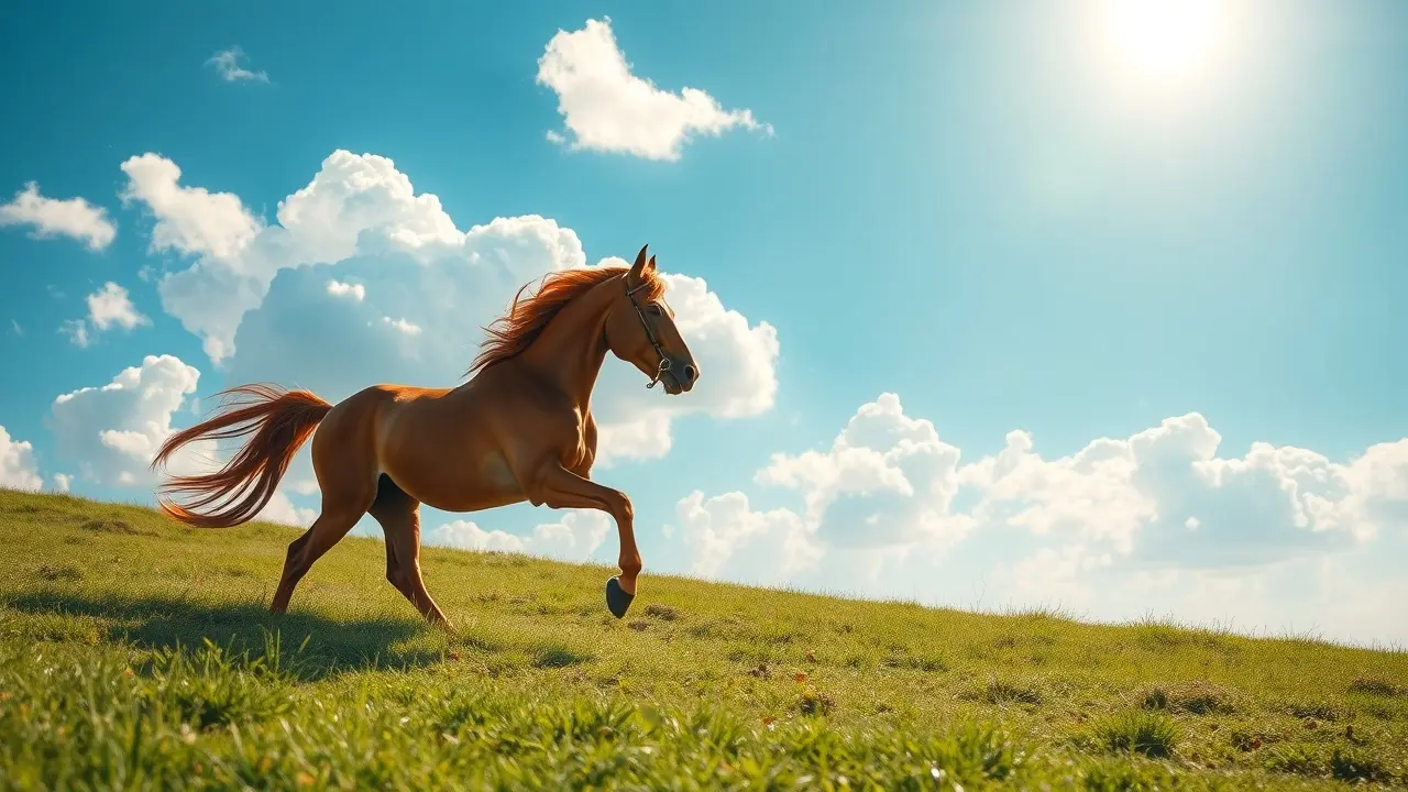 Cavalo galopando em campo verde