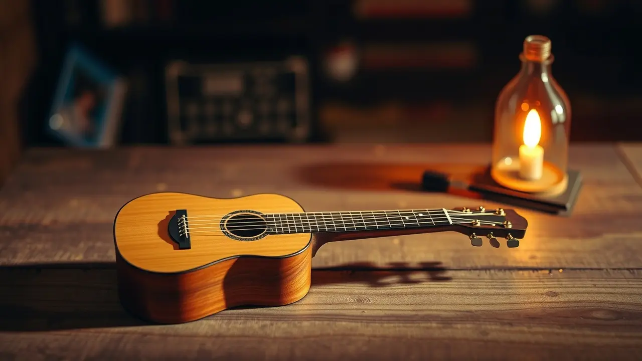 Cavaquinho sobre mesa de madeira com notas musicais flutuando