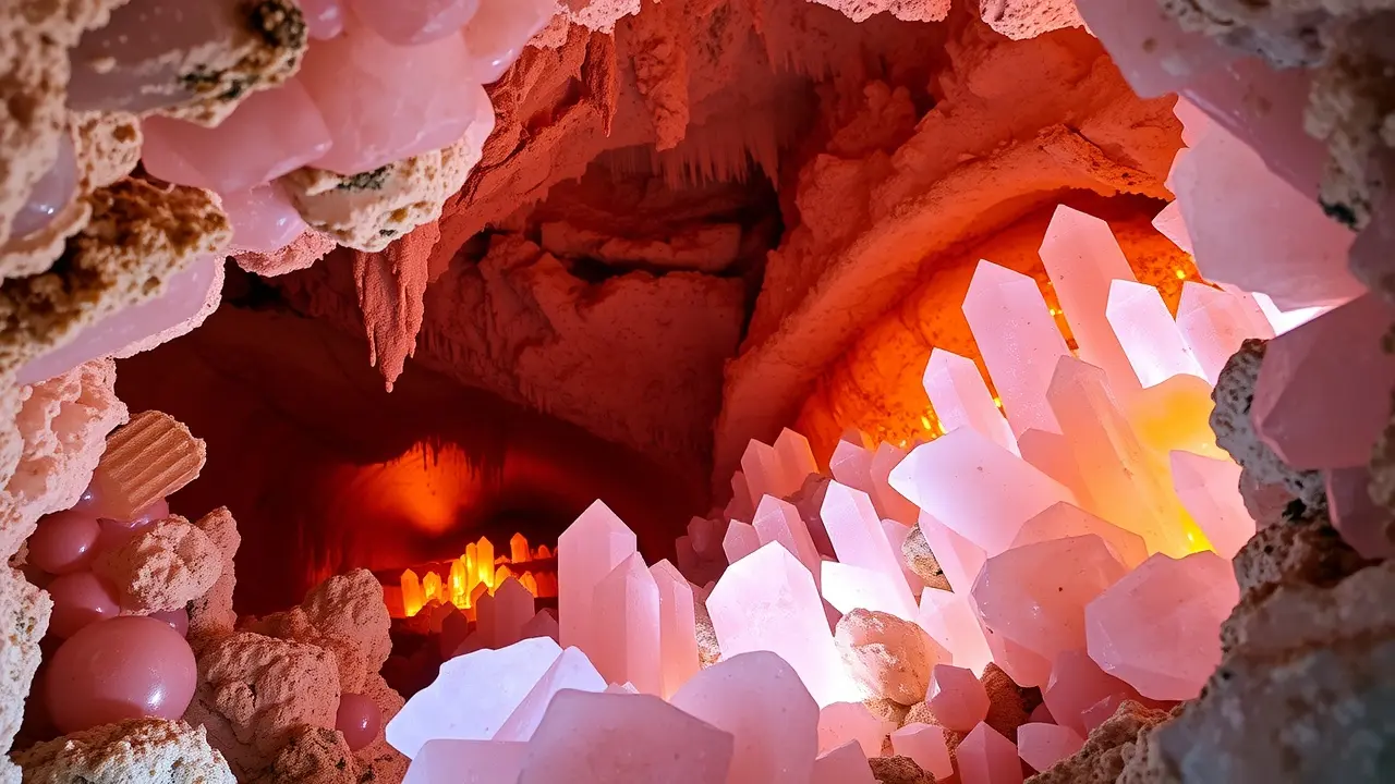 Caverna de cristal com quartzo rosa, ametista e citrino