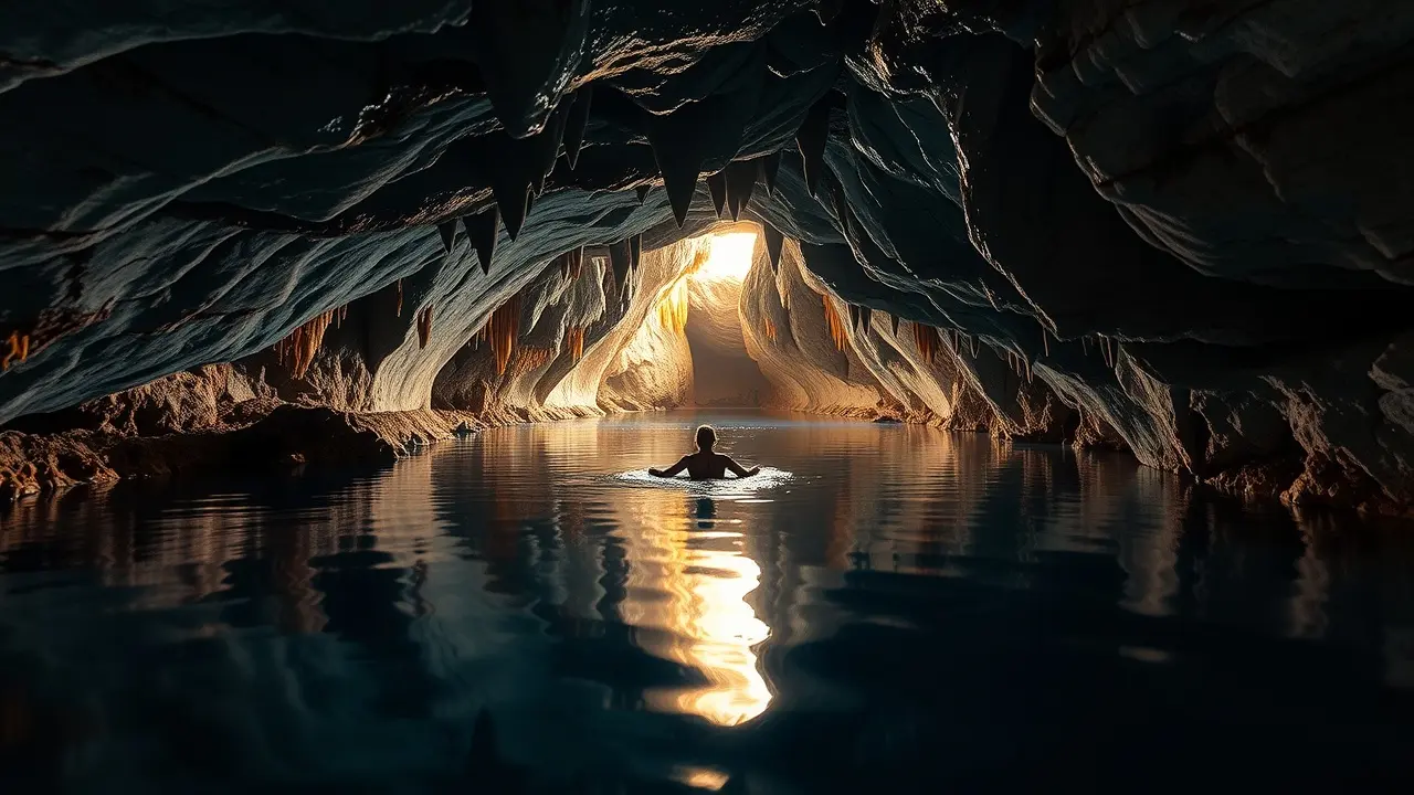 Sonhar com Caverna Submersa: Desvende os Mistérios do Inconsciente Homem nadando em caverna submersa