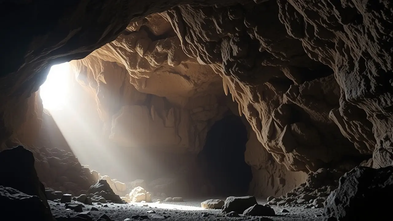 Entrada de caverna iluminada simbolizando mistério e introspecção