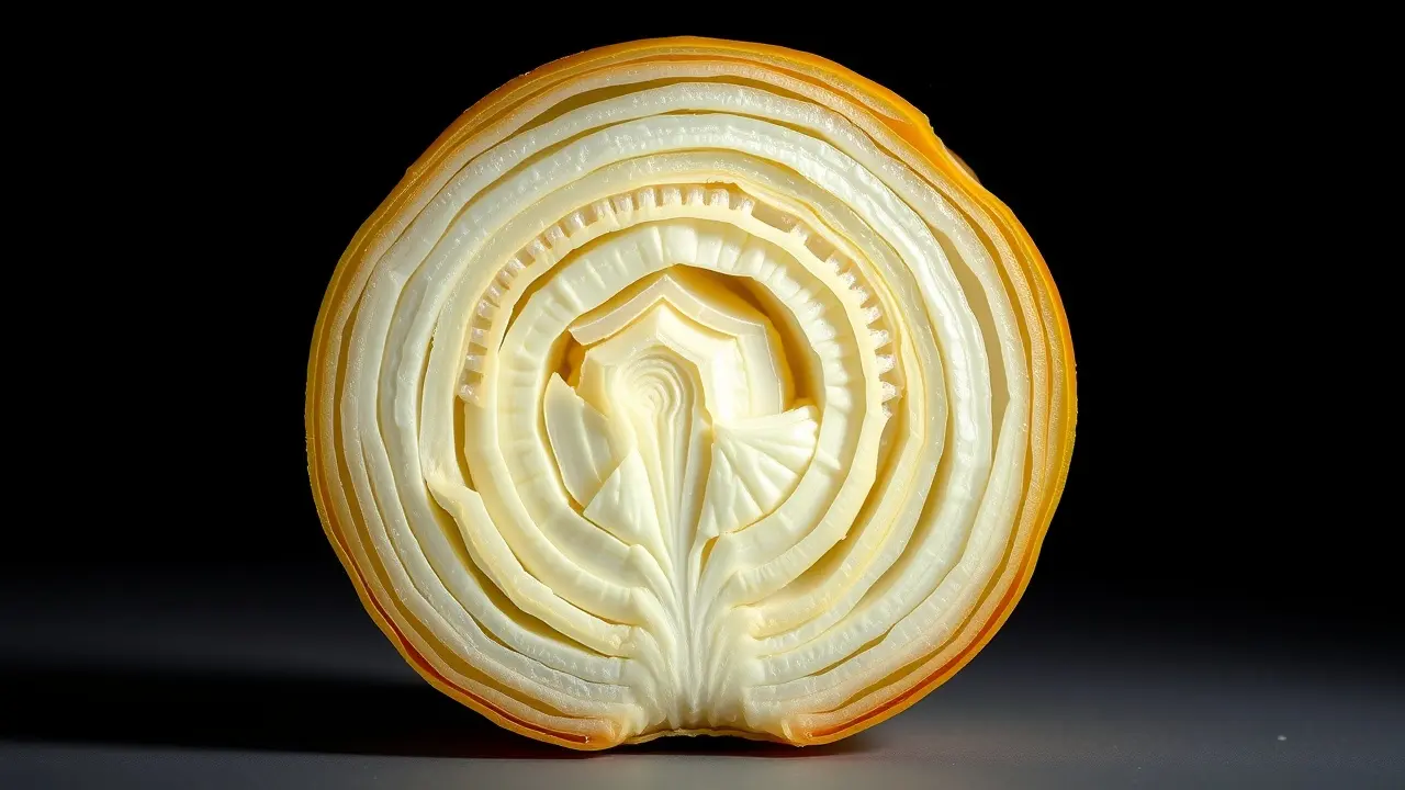 Sonhar com Cebola: Descubra o Significado e as Interpretações Cebola cortada ao meio mostrando suas camadas