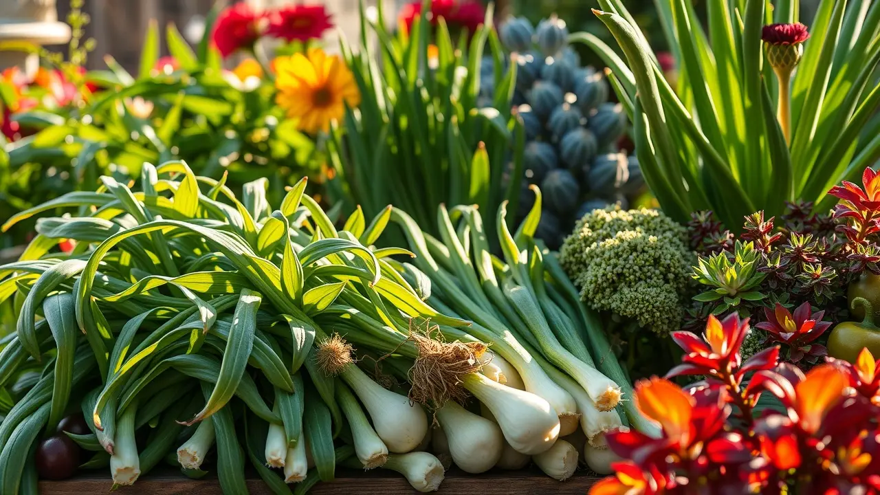Jardim exuberante com cebolinhas frescas