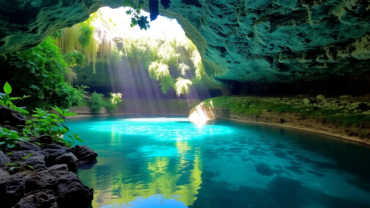 Sonhar com Cenote: Desvende os Mistérios e Significados Profundos Cenote com águas cristalinas e vegetação exuberante