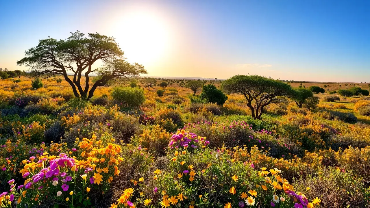 Sonhar com Cerrado Florido: Descubra o Significado Oculto Cerrado florido sob a luz do sol da manhã