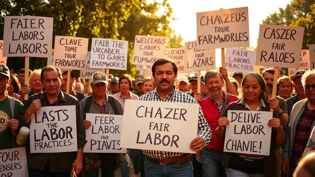 Cesar Chavez liderando protesto por direitos trabalhistas