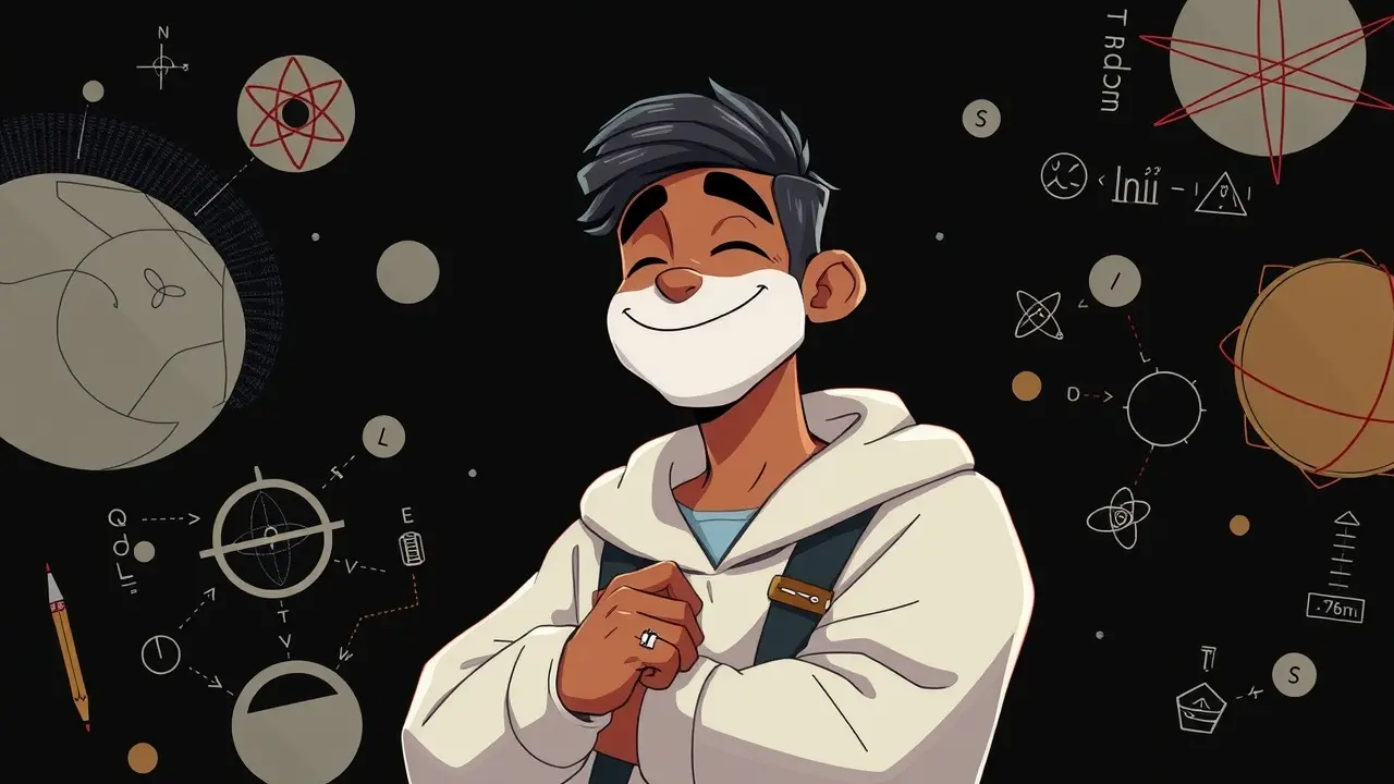 Cesar Lattes sorrindo em frente a um quadro negro