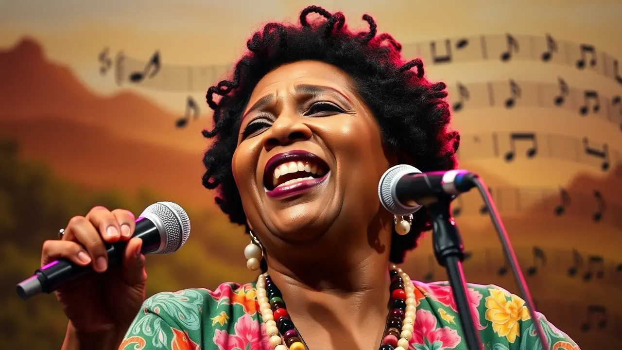 Cesária Évora cantando com emoção