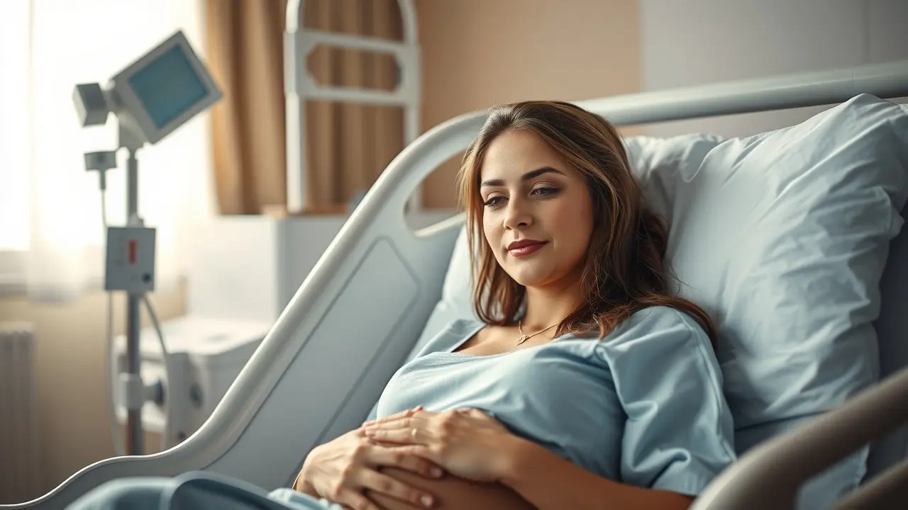 Mulher grávida em hospital, aguardando cesárea