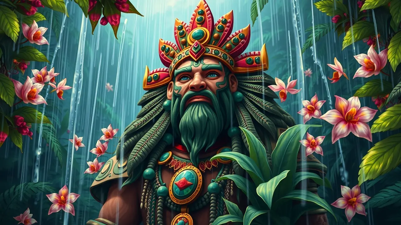 Ilustração do deus maia Chaac em uma floresta tropical chuvosa.