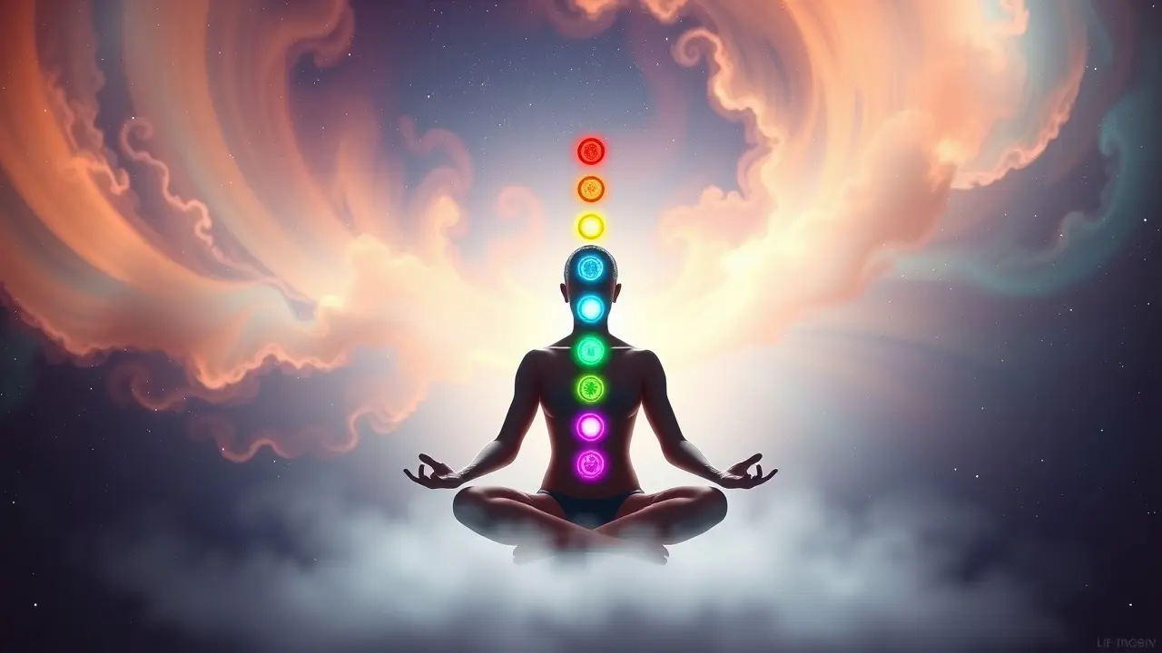 Mulher meditando com os sete chakras alinhados.