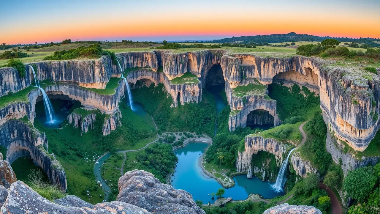 Chapada exuberante com cachoeiras e formações rochosas