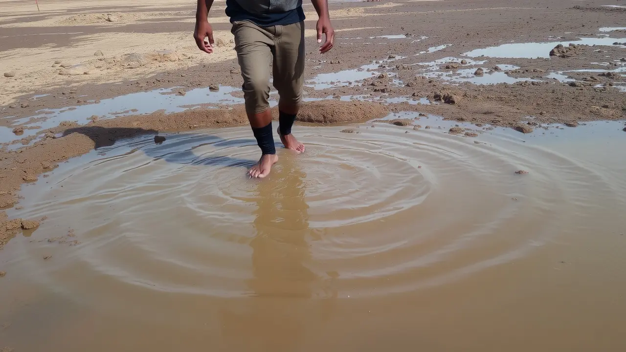 Sonhar com Charco: Descubra o Significado Oculto e Suas Implicações Pessoa cautelosa atravessando um charco lamacento