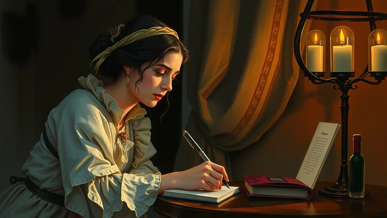 Significado de Sonhar com Charlotte Brontë: Desvende os Mistérios Literários Charlotte Brontë escrevendo à luz de velas