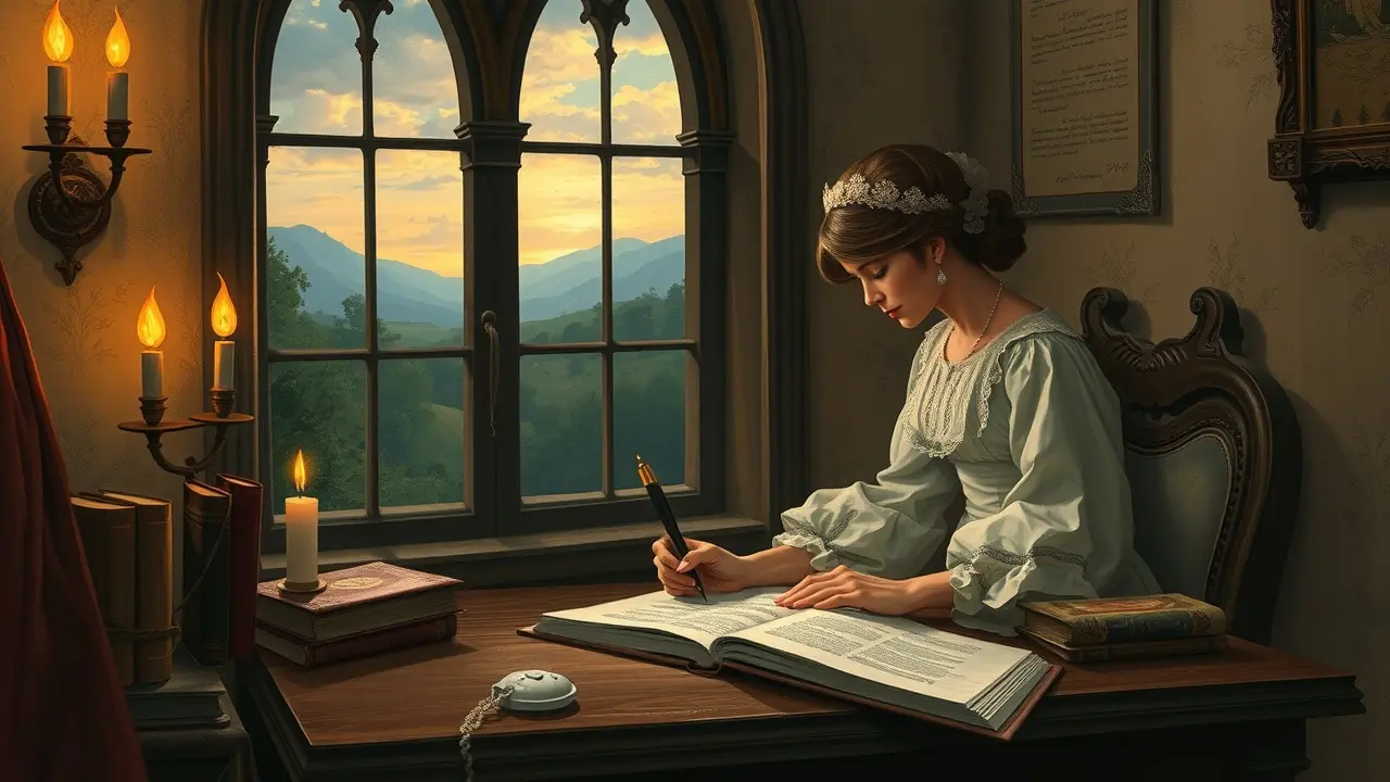 Mulher escrevendo à luz de velas