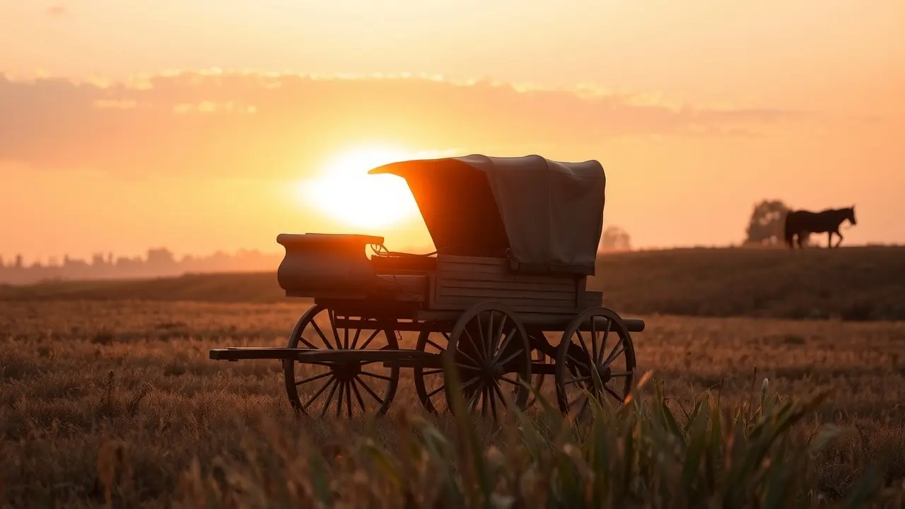Charrete atravessando campo ao pôr do sol