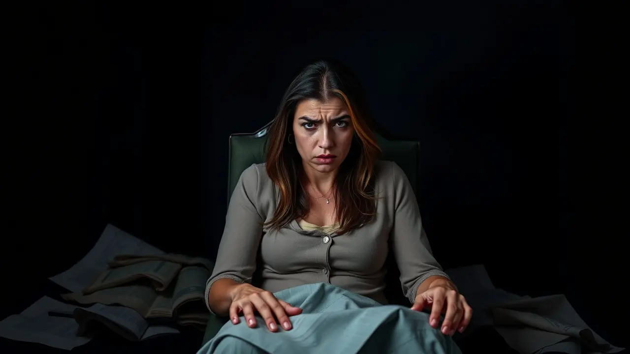 Mulher expressando chateação em um ambiente escuro