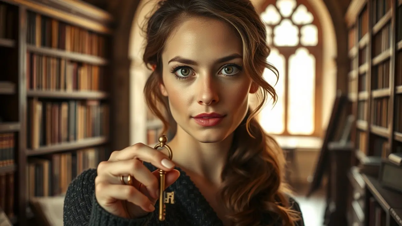 Mulher segurando chave antiga dourada