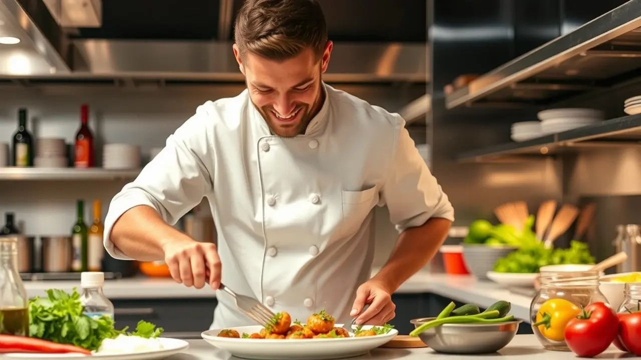 Chef de cozinha preparando prato