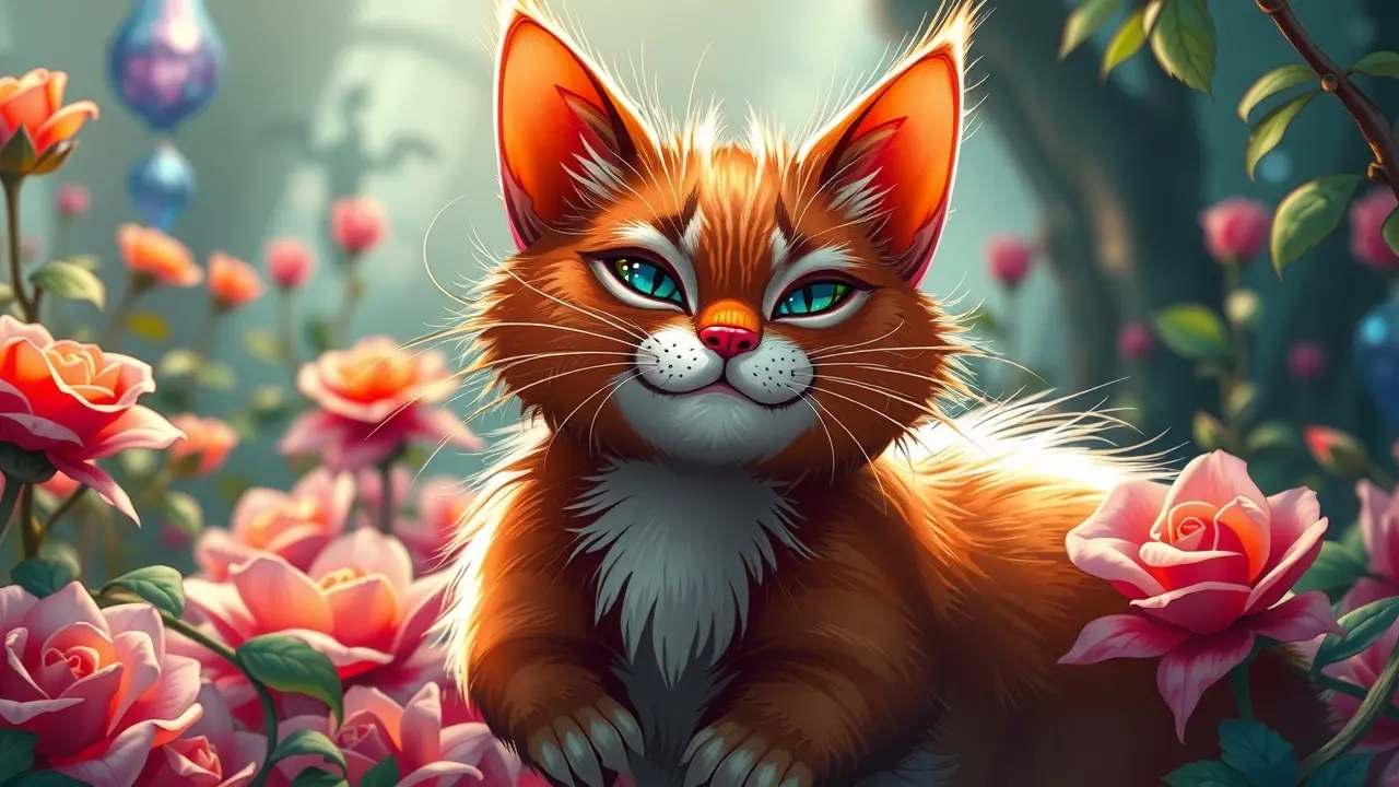 Gato de Cheshire sorrindo em um jardim fantástico