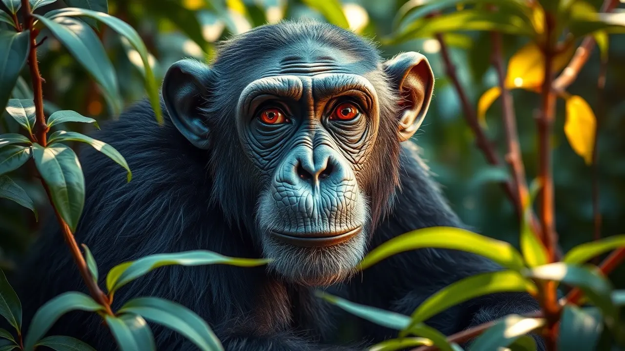 Significado de Sonhar com Chimpanzé: Desvendando os Mistérios do Inconsciente Chimpanzé olhando para a câmera em meio à natureza.