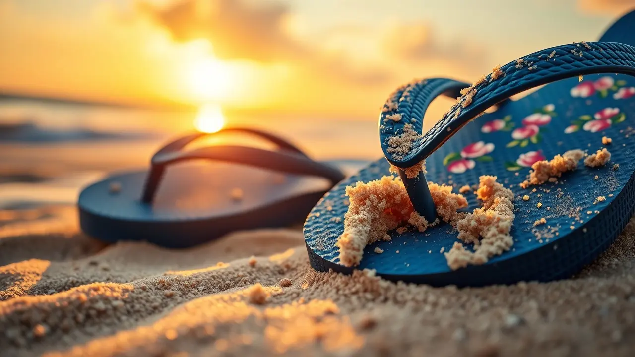 Chinelo havaianas na areia da praia ao pôr do sol.