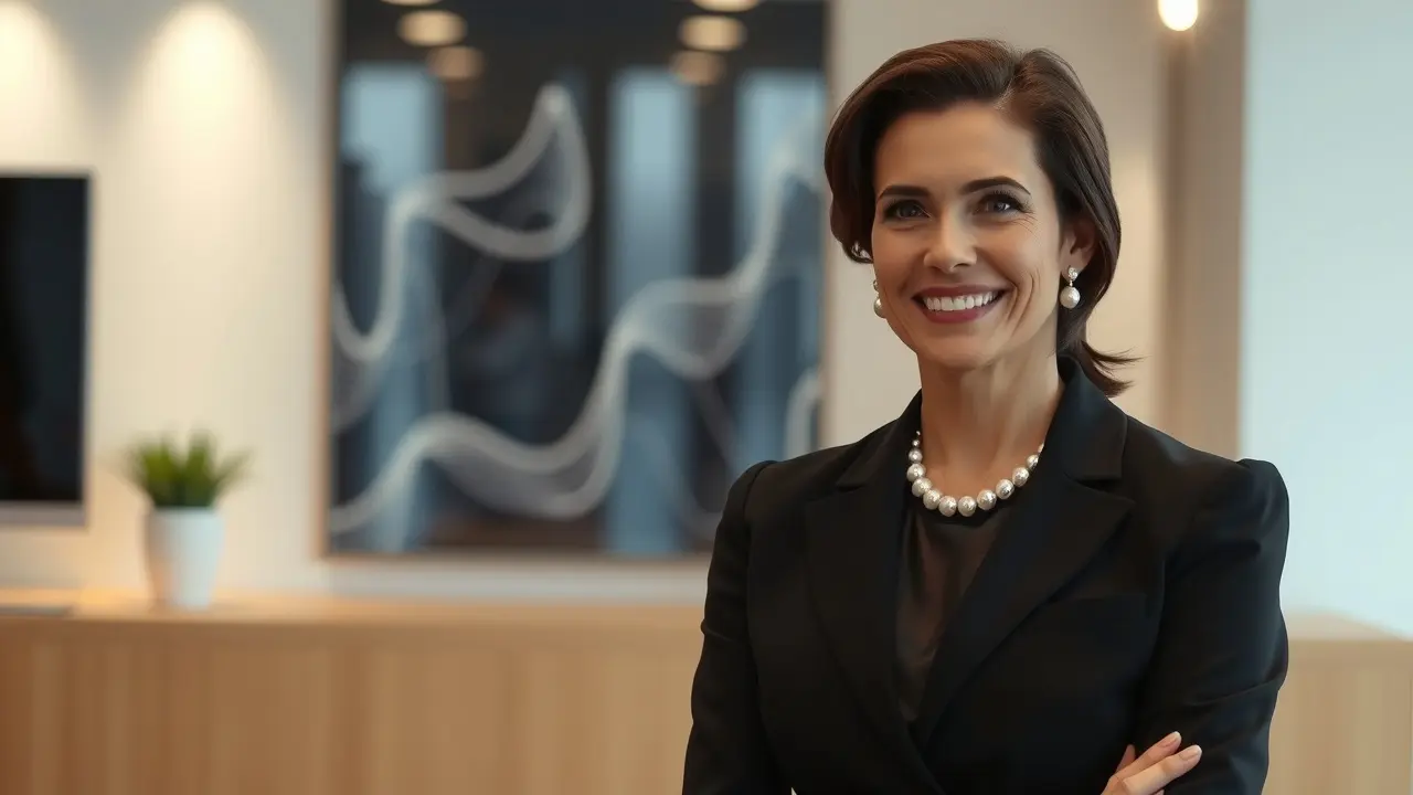 Sonhar com Christine Lagarde: Decifre o Significado Christine Lagarde sorrindo em escritório financeiro