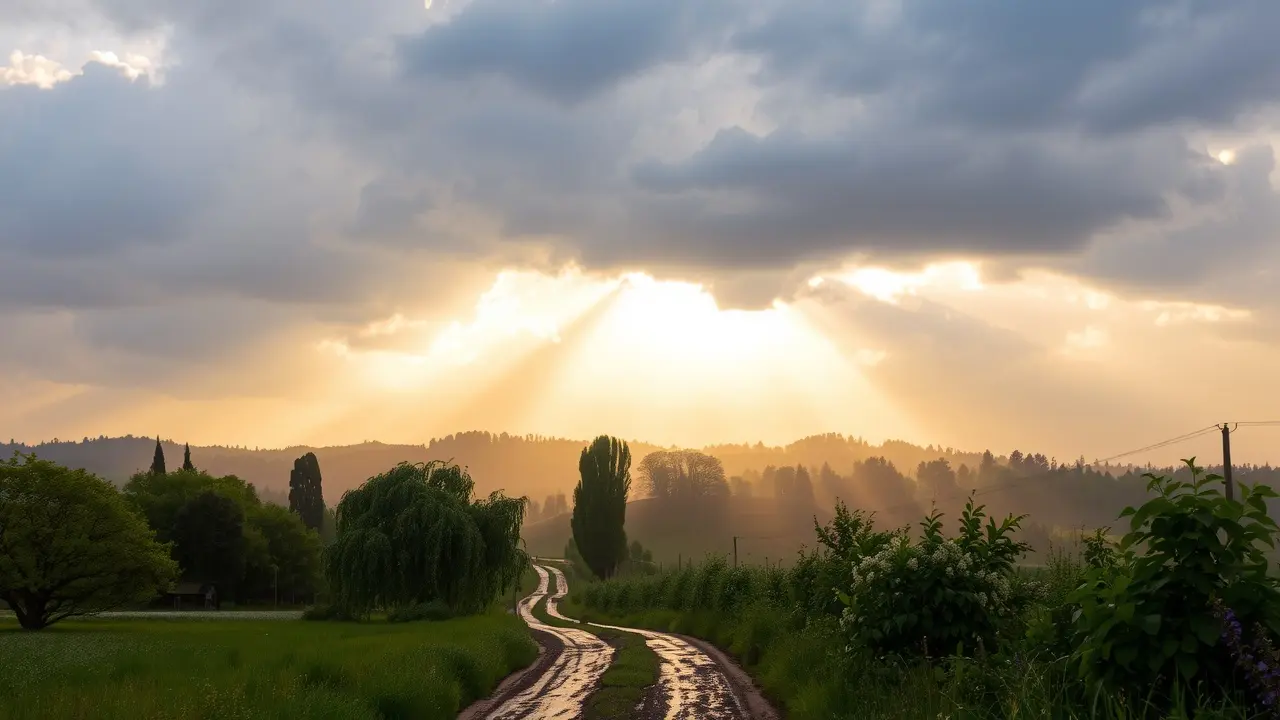 Cenário campestre sereno após chuva com arco-íris.