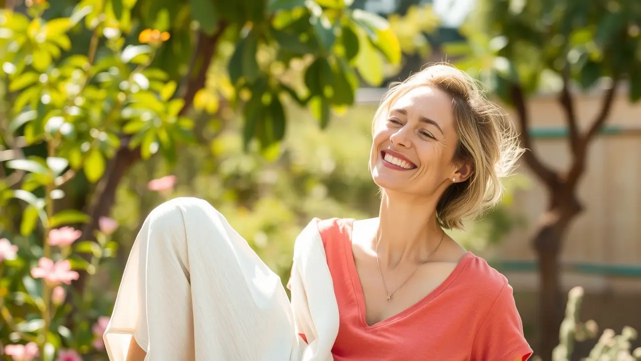 Significado de Sonhar com Chyntia Senek: Decifre os Símbolos Mulher sorrindo em jardim ensolarado