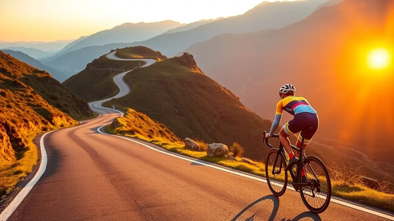 Ciclista subindo serra ao nascer do sol