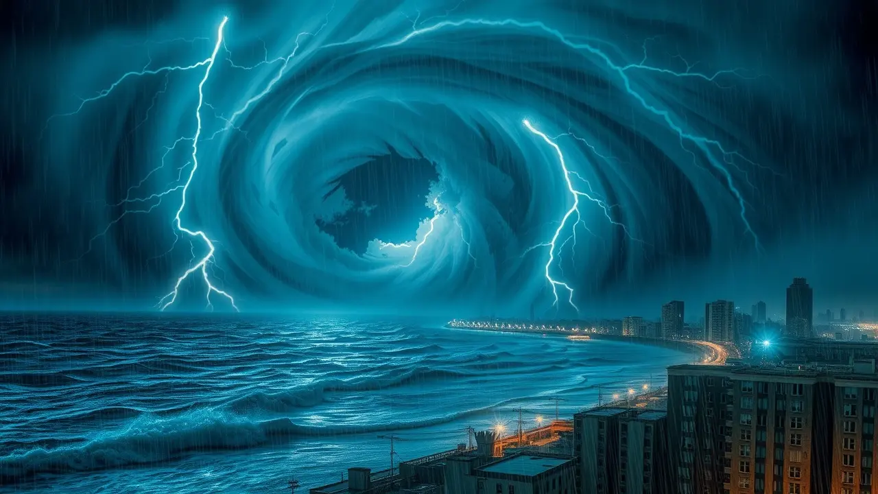 Ciclone devastando cidade costeira.