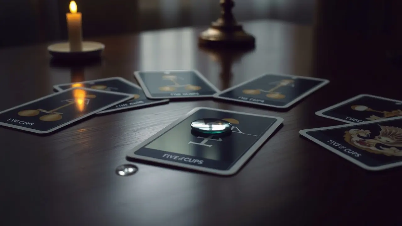 Significado de Sonhar com Cinco de Copas: Amor, Perda e Emoções Imagem da carta Cinco de Copas em um contexto de sonho.