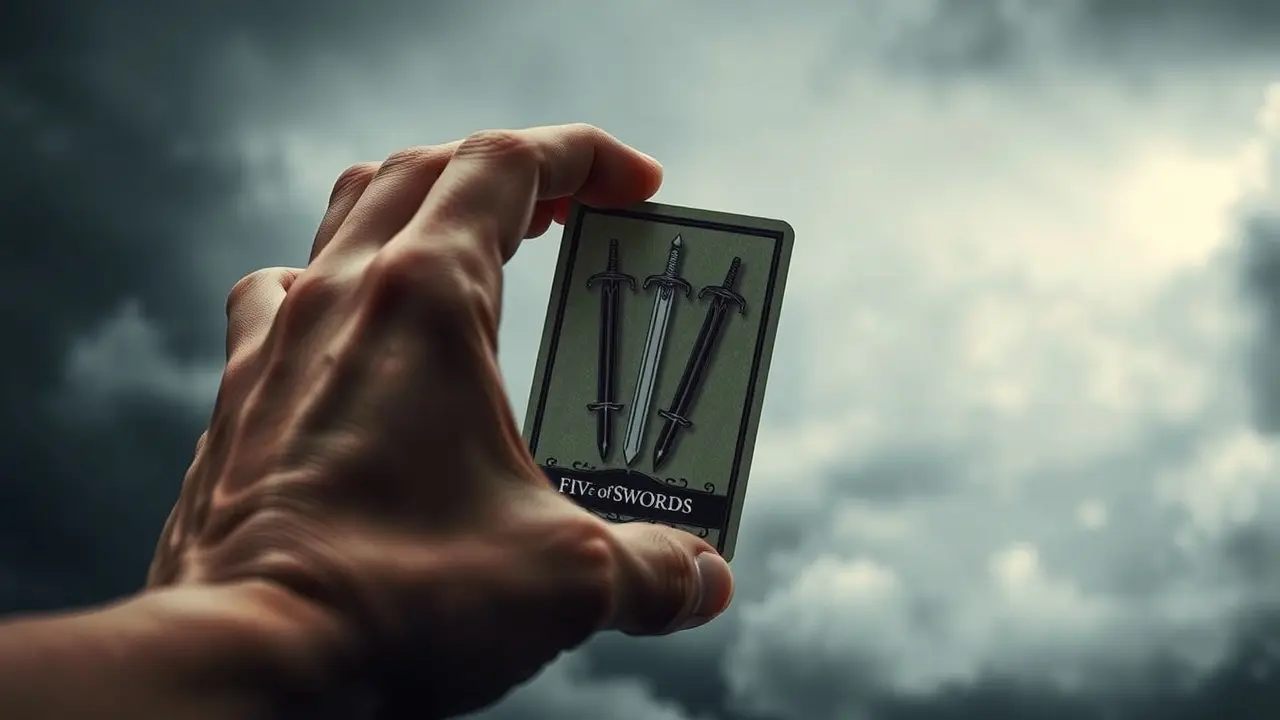 Mão alcançando carta cinco de espadas em fundo tempestuoso